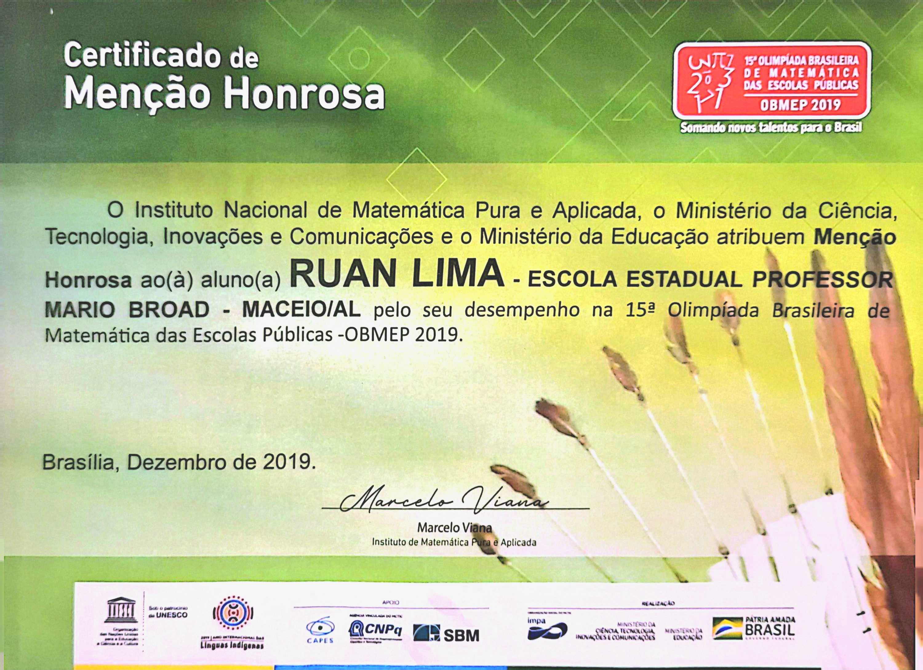 Menção Honrosa OBMEP 2019