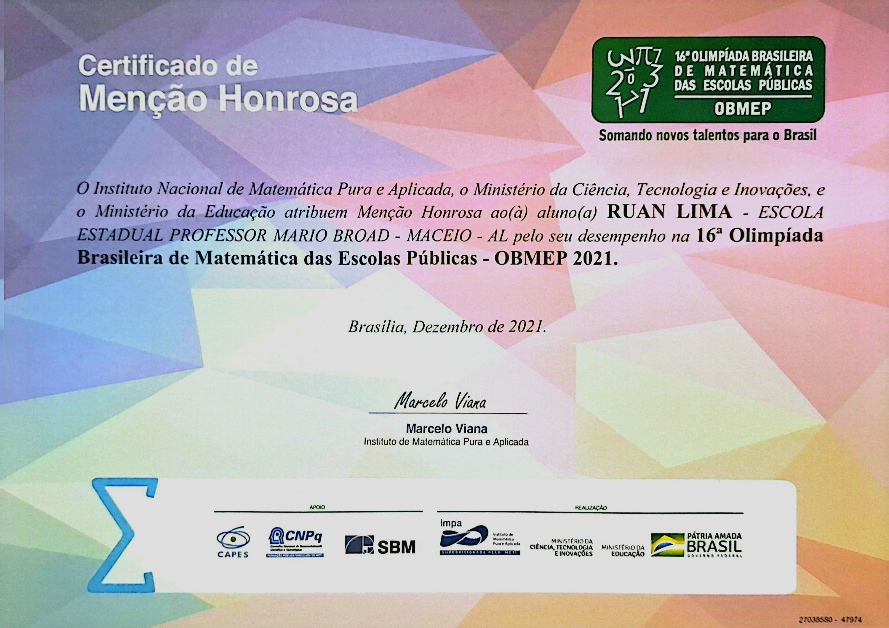 Menção Honrosa OBMEP 2021