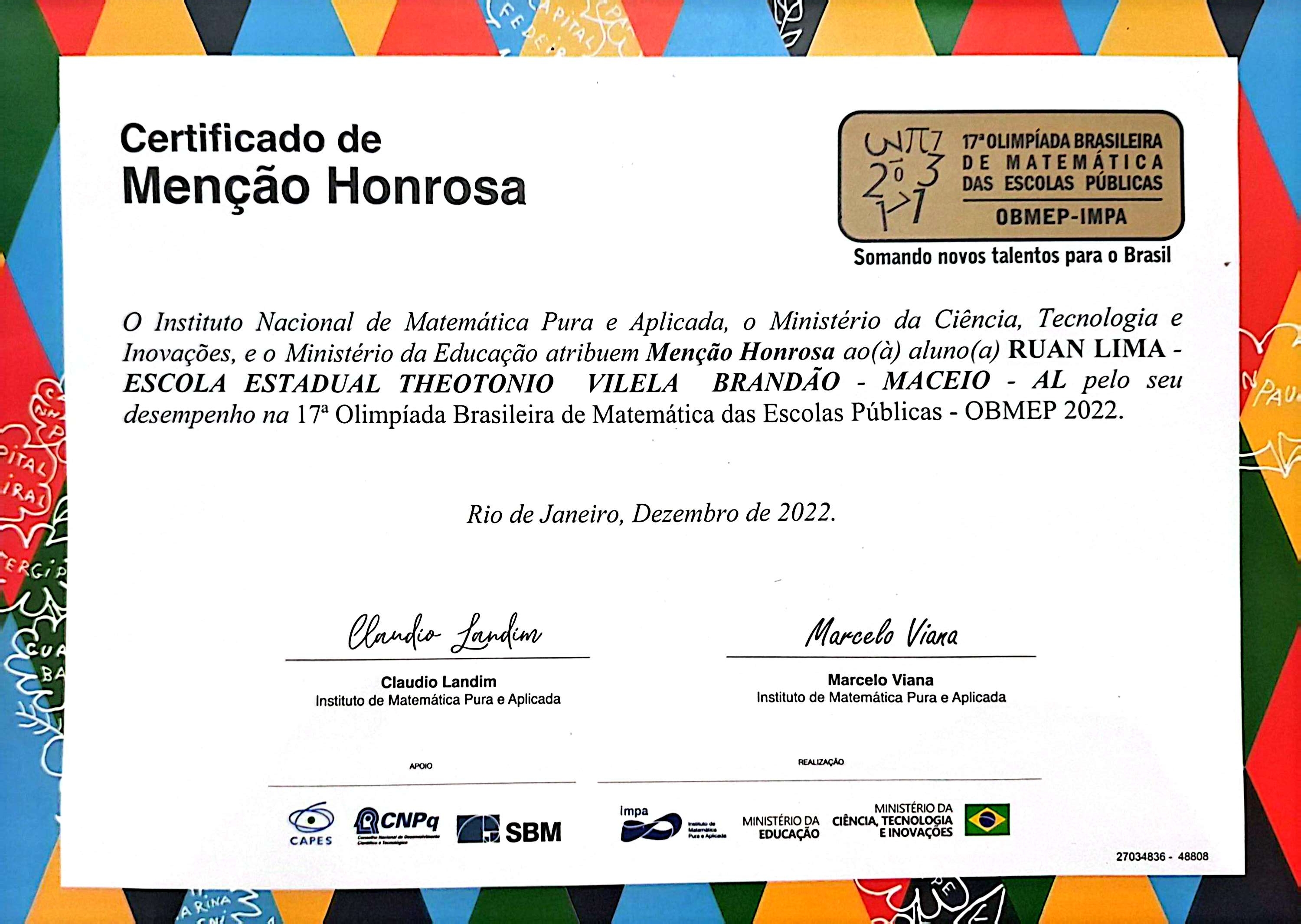 Menção Honrosa OBMEP 2022